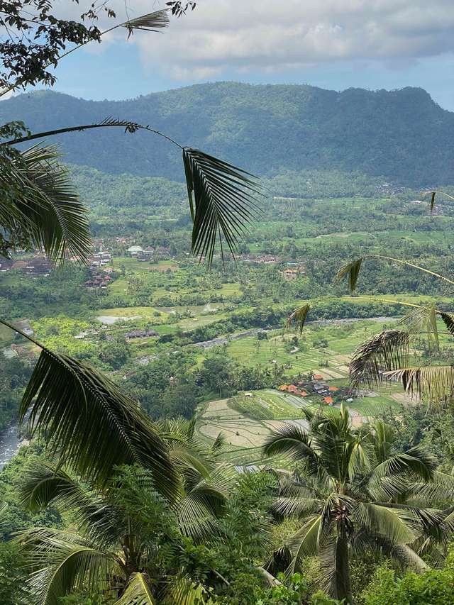 The Sidemen valley in east Bali: terraced rice fields and village rooftops running back to forested ridges under a high cloud.